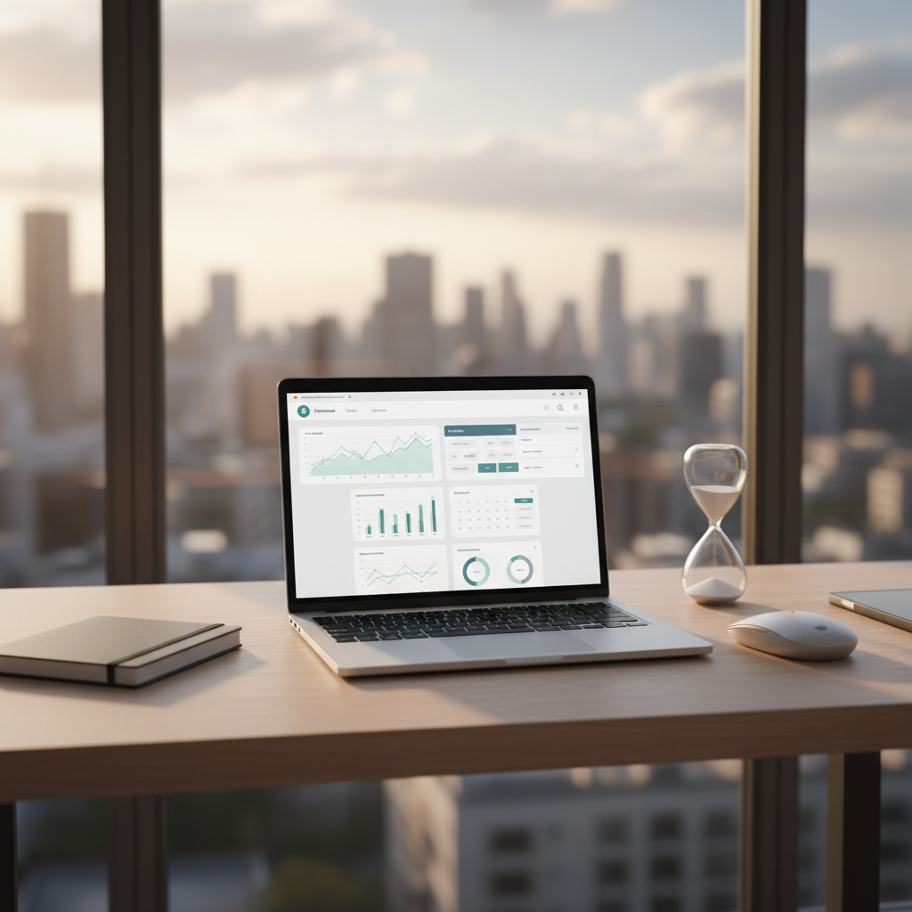 A sleek, modern home workspace centered around an open laptop displaying a minimalist dashboard of charts and calendar blocks, symbolizing an organized online business. The laptop rests on a light oak desk with a matte finish, neatly arranged with a closed notebook, wireless mouse, and a slim hourglass. Behind, a large window reveals a softly blurred city skyline, representing opportunity and freedom. Late-afternoon natural light pours in, casting gentle, elongated shadows across the desk surface. Photographic realism at eye level with a slight angle, using a shallow depth of field to keep the laptop in crisp focus while the background falls into a soft bokeh, creating a calm, professional, and aspirational atmosphere that suggests balance and control over work-from-home life.