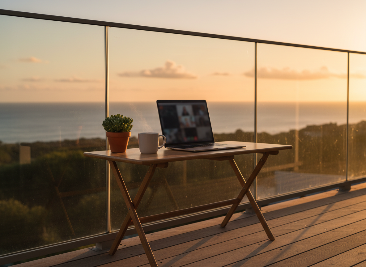 A serene home-office balcony setup overlooking an expansive, slightly blurred ocean horizon at golden hour, symbolizing ultimate lifestyle freedom. A compact folding desk holds an open ultrathin laptop, a simple ceramic mug with faint steam, and a small potted plant with vibrant green leaves. The balcony’s glass railing catches the warm, low sunlight, creating delicate reflections and a soft glow around the edges of the scene. Photographic realism with a slightly elevated, three-quarter angle, capturing both the workspace and the vast open view beyond. The soft golden light creates gentle, elongated shadows and a relaxed, optimistic atmosphere, conveying the essence of remote work, location independence, and a balanced work-from-anywhere coaching lifestyle.