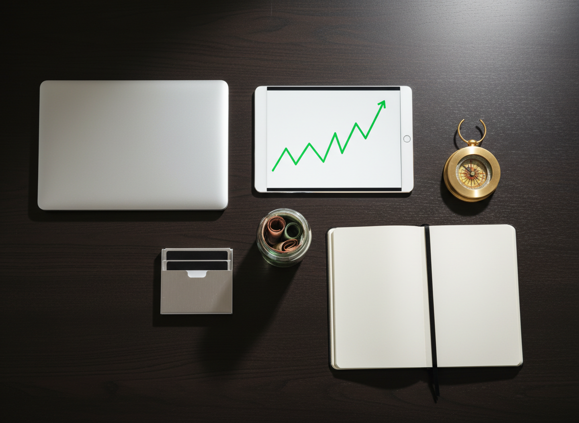 A symbolic flat lay of financial independence arranged on a smooth, dark wooden table: a slim, closed laptop, a tablet displaying a rising line graph, a minimalist metal cardholder, and a small glass jar partially filled with neatly folded currency. Beside them, a compass with a brushed metal finish rests on an open notebook, its blank pages suggesting new directions. Overhead natural window light creates precise highlights on metal edges and soft shadow gradients around each object. Photographic realism from a directly overhead, bird’s-eye view, with balanced composition and generous negative space. The mood is intentional, focused, and empowering, visually representing clarity around online income streams and strategic planning toward freedom and being your own boss.