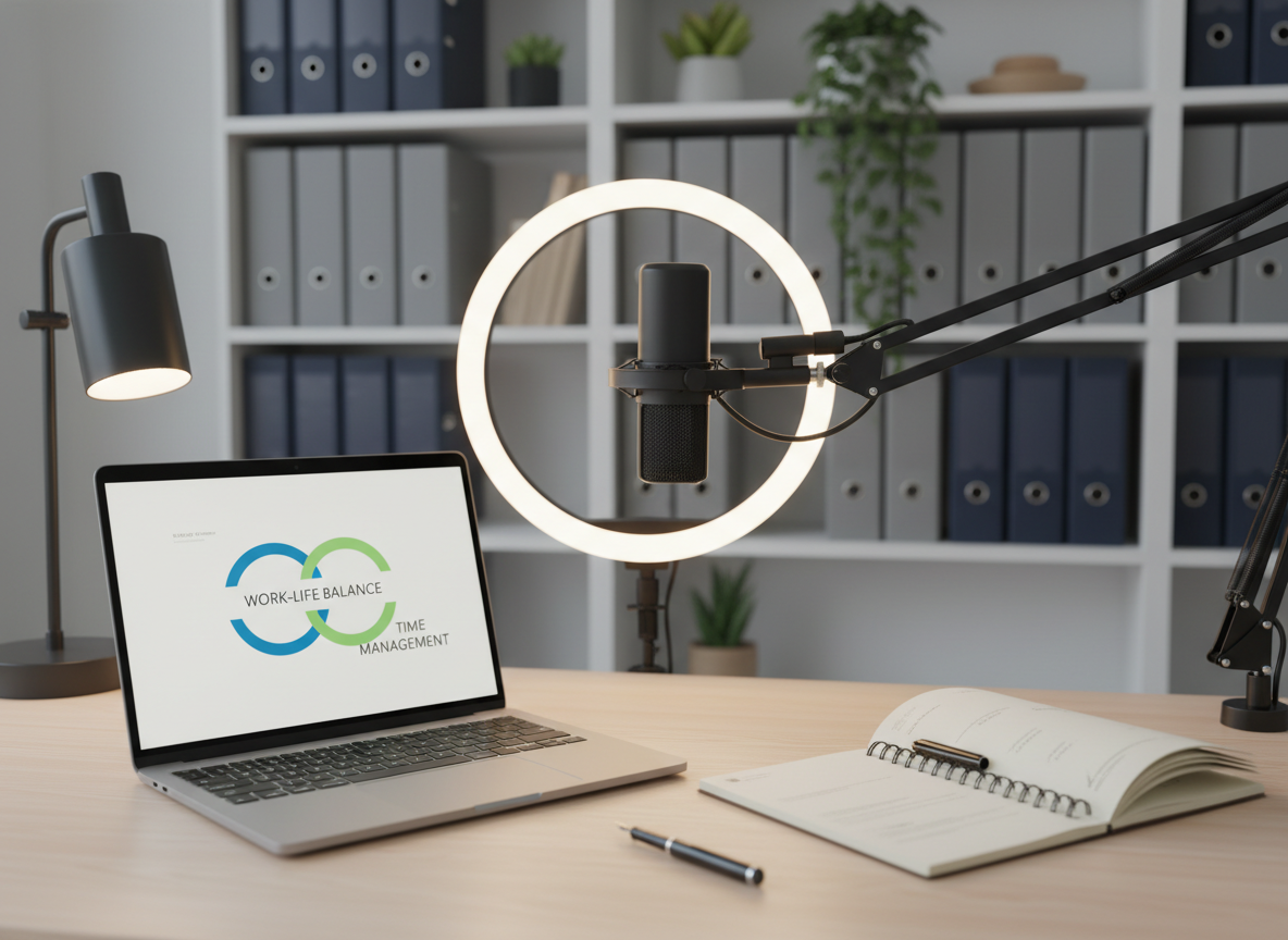 A polished, professional coach’s desk staged for a video call without showing any humans: a high-quality microphone on a shock mount, a ring light framing a slim laptop, and a neatly arranged notepad with a fine-tip pen resting diagonally. The laptop screen glows softly, suggesting an upcoming coaching session about work-life balance and time management. In the background, a tall bookshelf holds uniformly arranged binders and a few decorative plants, slightly blurred to emphasize depth. Soft studio-style lighting combines with subtle ambient desk lamp light, creating even illumination with gentle shadows. Photographic realism from a slightly elevated angle, medium close-up framing, and a clean, modern aesthetic that conveys expertise, trustworthiness, and a structured approach to business and lifestyle coaching.